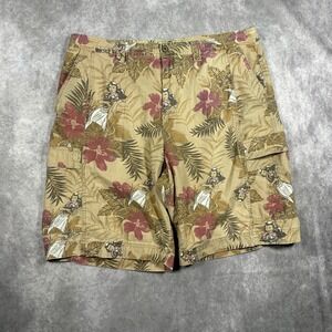 Island Shores Mens 38 Cargo Shorts Tan Tropical Hula Girl Hibiscus Cotton Floral